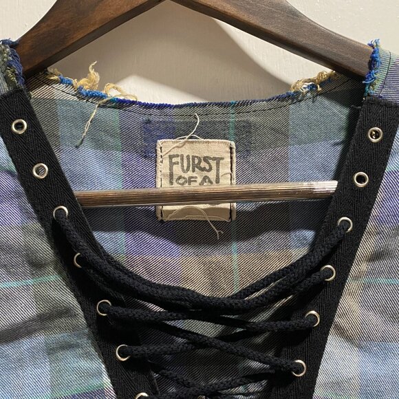 Furst A Kind Plaid Cotton Lace Raw Hem Grunge Preppy Dark Academia Shirt Top XL - Picture 3 of 8